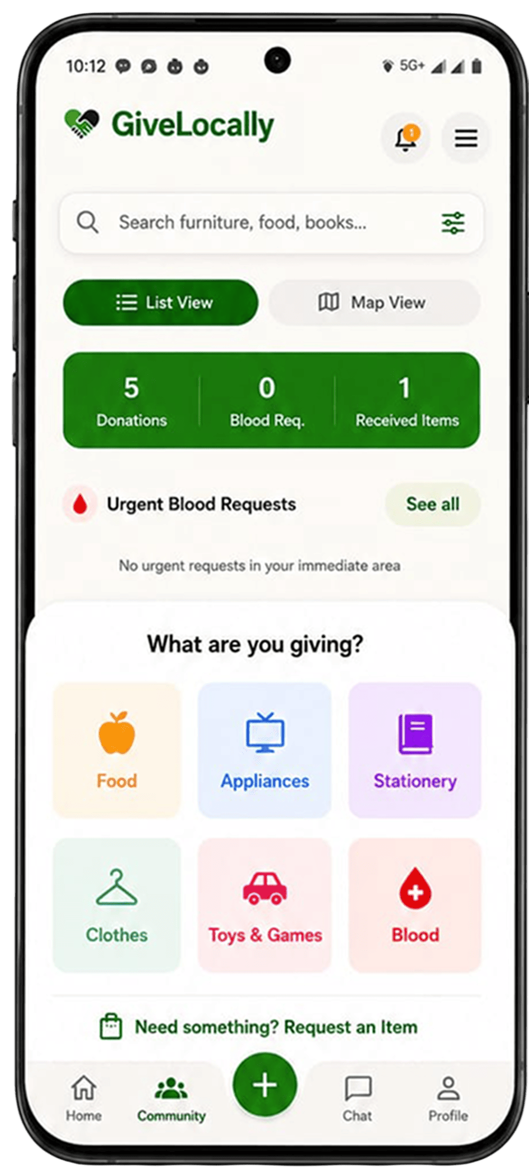 GiveLocally app showing nearby donations
